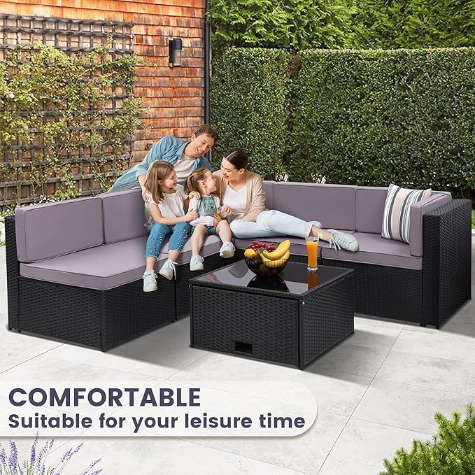 8-Piece Patio Furniture Set, Outdoor Wicker Rattan Sectional with Thick Cushions, Glass Top Table with Hidden Storage, Outdoor Conversation Set for Backyard, Porch, Patio, Light Grey