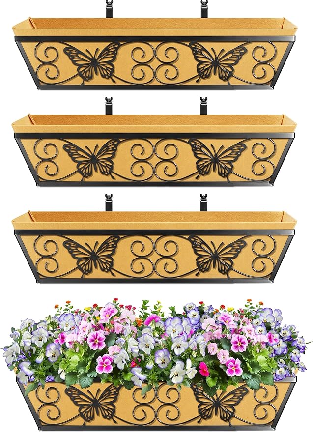 4 Pack 24 Inch Window Boxes Planters Railing Planter Box with Adjustable Brackets for Porch Fence Patio Balcony Hanging Flower Baskets with Woven Fabric for Outdoor Garden Decor - Black