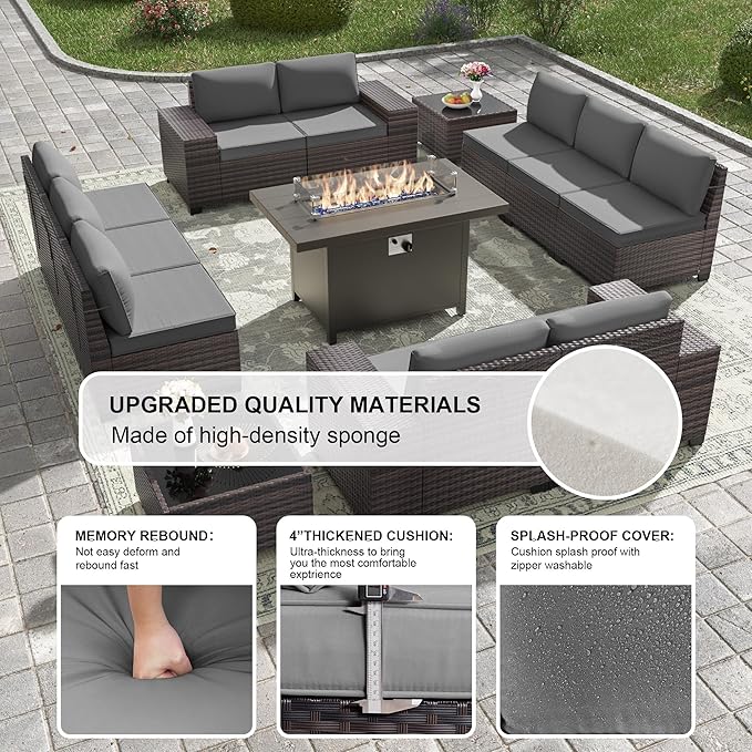Kullavik 13PCS Outdoor Patio Furniture Set with 43" 55000BTU Gas Propane Fire Pit Table PE Wicker Rattan Sectional Sofa Patio Conversation Sets,Grey