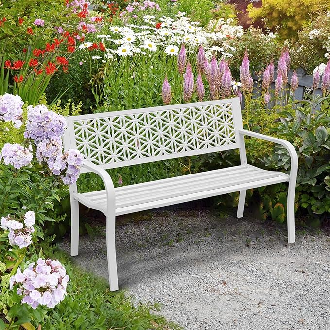 VINGLI 50" Outdoor Bench Metal with Floral Back, Garden Bench Front Porch Bench for Yard Patio Entryway Park Outside, 800lb Capacity - White