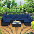 Tangkula 7-Piece Patio Furniture Set, Outdoor Sectional Wicker Sofa with Pillows and Cushions, Conversation Set with Coffee Table & Tea Table for Garden, Lawn (Navy Blue)