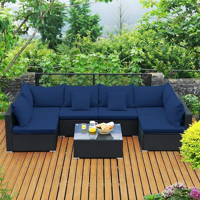 Tangkula 7-Piece Patio Furniture Set, Outdoor Sectional Wicker Sofa with Pillows and Cushions, Conversation Set with Coffee Table & Tea Table for Garden, Lawn (Navy Blue)