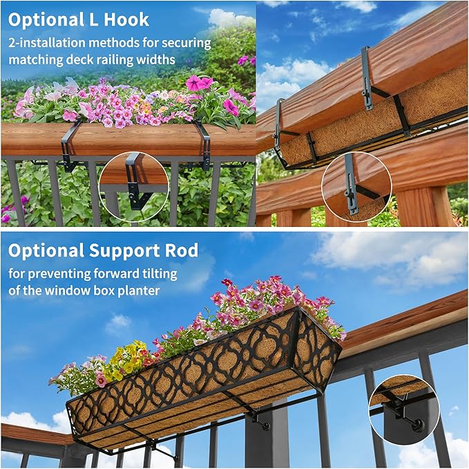 Y&M 6pcs 30 Inch Window Deck with Coco Liner, Fence Metal Hanging Flower Planter Window Basket Deck Railing Planter Boxes for Outdoor Garden Lawn,