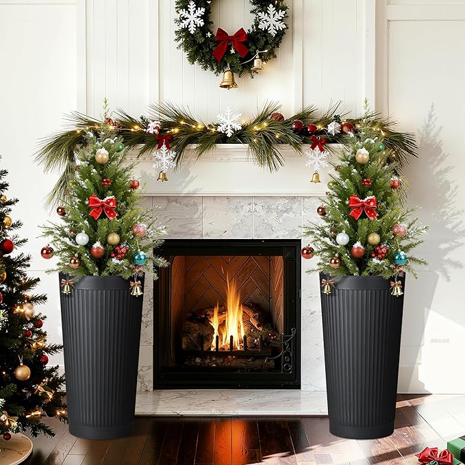 24in Tall Self-Watering Planters Set of 2 - Black Flower Pots with Water Level Monitor, Non-Toxic Plastic Planters for Indoor Outdoor Patio, Porch, Living Room, Home Office