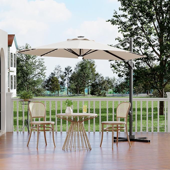 Garvee 10 ft Cantilever Patio Umbrella with Solar Lights, 360° Rotation Offset Umbrella, Easy Crank & Tilt Adjustment, UV Protection for Backyard, Poolside, Deck -Beige