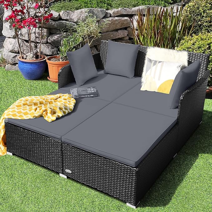 Tangkula Outdoor Rattan Daybed, Wicker Furniture with Spacious Seat, Upholstered Cushion & High-Resilience Sponge, Patio Sofa Set with 4 Pillows, 2-Person Sunbed for Poolside Backyard Garden & Balcony