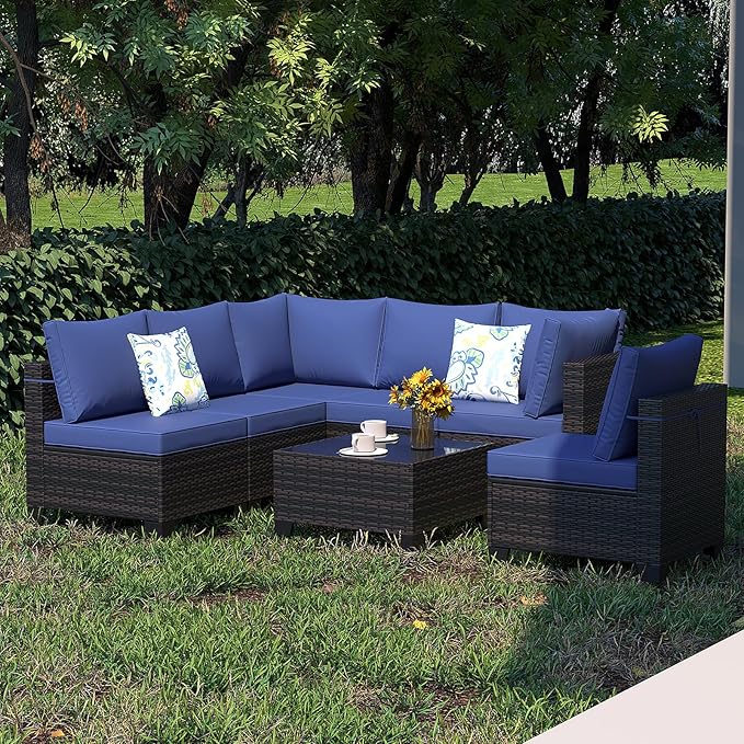 7 Pieces Outdoor Patio Furniture Set, Outdoor Wicker Sectional with Thick Cushions for Garden and Backyard (Brown/Deep Blue)