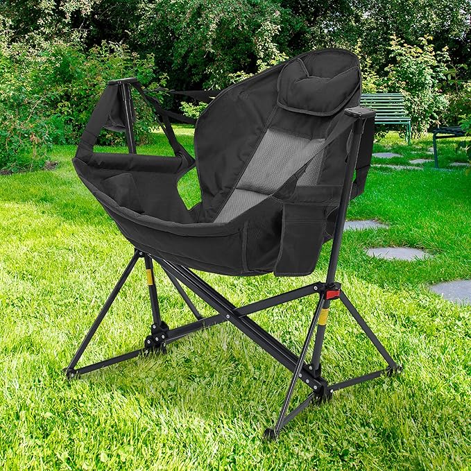 Ainfox Hammock Camping Chair, Foldable Portable Rocking Chairs for Adults Outside Swinging Camp with Cup Holder Pillow for Outdoor Patio Poolside (Black)