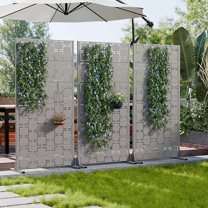 Casaphoria Metal Privacy Screen Outdoor, 60" H x 30" W Freestanding Decorative Privacy Screen for Patio Deck Balcony Garden with Stable Base, Grey-Square
