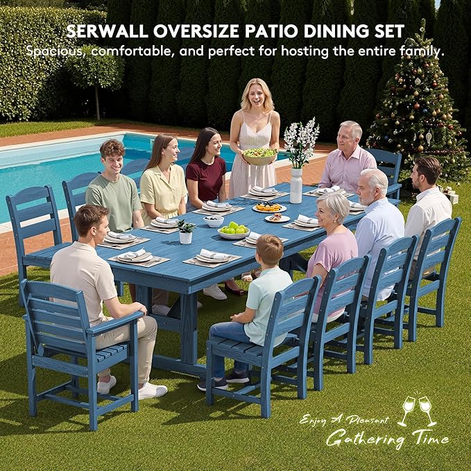 SERWALL 11 Piece Outdoor Dining Set, 84" HDPE Outdoor Table and Chairs for 10，All Weather Patio Furniture Set with Umbrella Hole for Backyard, Garden, Blue