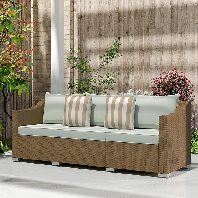 Outsunny 3 Seater Patio Sofa, Wicker Sofa with Cushions, Outdoor Furniture Rattan Couch with 2 Throw Pillows, Deep Seating, for Garden, Backyard, Porch, Light Gray