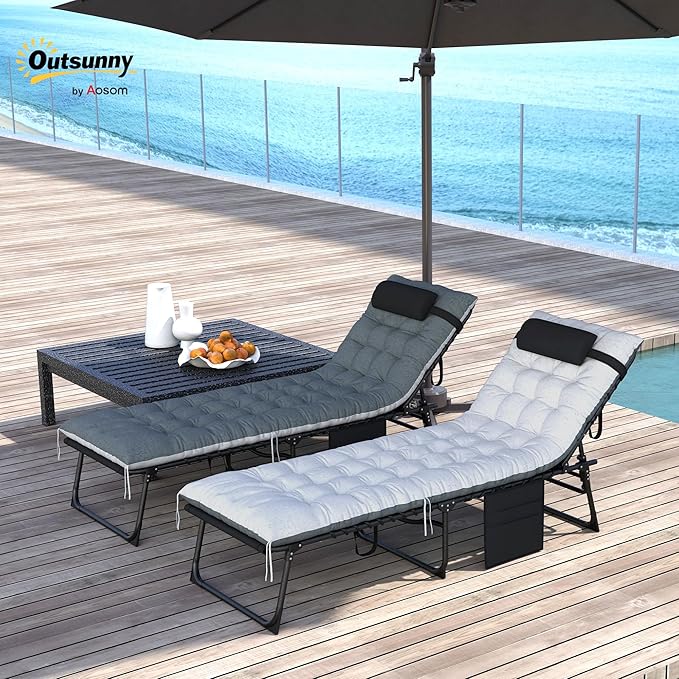 Outsunny Chaise Lounge Chair Outdoor Set of 2, 5-Position Adjustable Outdoor Pool Lounge Chairs, Folding Tanning Chair Beach Lounger with Cushion, Headrest, Side Pocket for Patio, Yard, Black/Gray