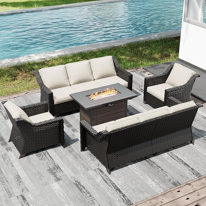 Joyside Wicker Patio Furniture Sets, 5 Pieces Upgraded Large Size Outdoor Furniture with Patio Dining Chair, Two 3-Seat Sofa, Fire Table,Thick Cushions, Wide Armrest, Beige