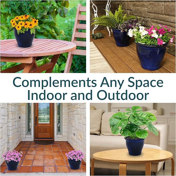 Sunnydaze Round Ceramic Planter - Set of 2 Indoor or Outdoor Plant Pots with Drainage Hole - Studio - 11" - Imperial Blue Glaze