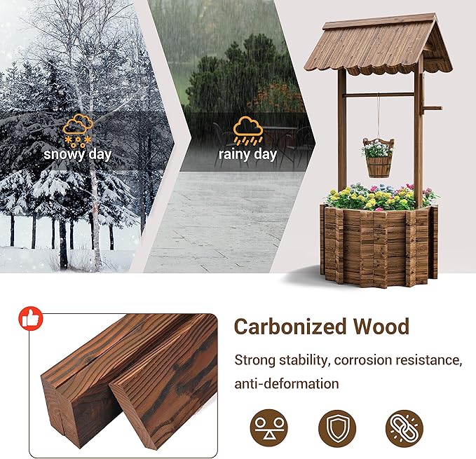 UDPATIO Wishing Wells for Outside, Wooden Wishing Well Planter for Yard, Upgrade Wishing Well with 4 Reinforced Rod & Hanging Bucket for Garden Patio Lawn Backyard Home Decor