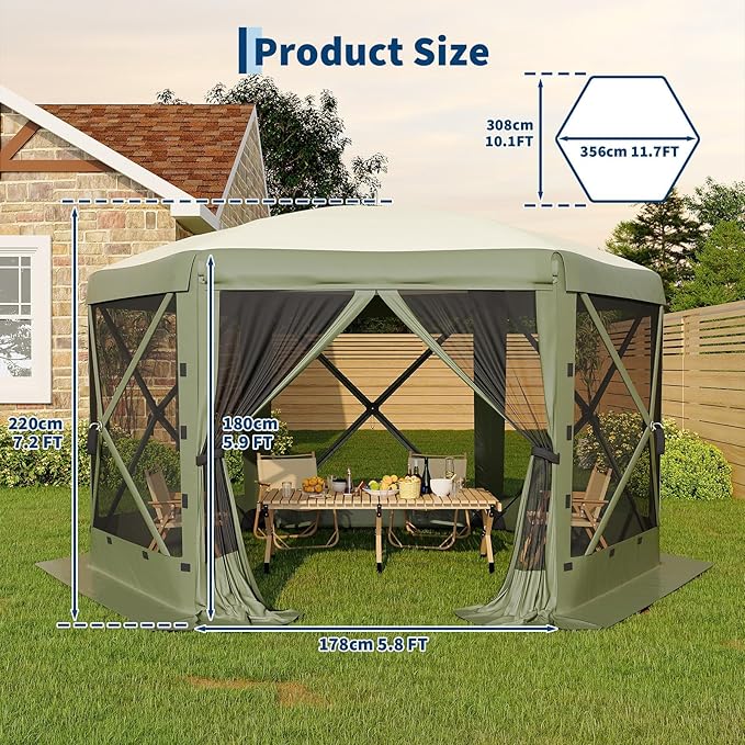 11.5x11.5FT 6-Sided Pop Up Gazebo Tent，One-Push Setup Canopy Tent with Mesh Panels & Removable Wind Cloths, Outdoor shelter for Camping, Backyard Parties, Outdoor Events - Army Green