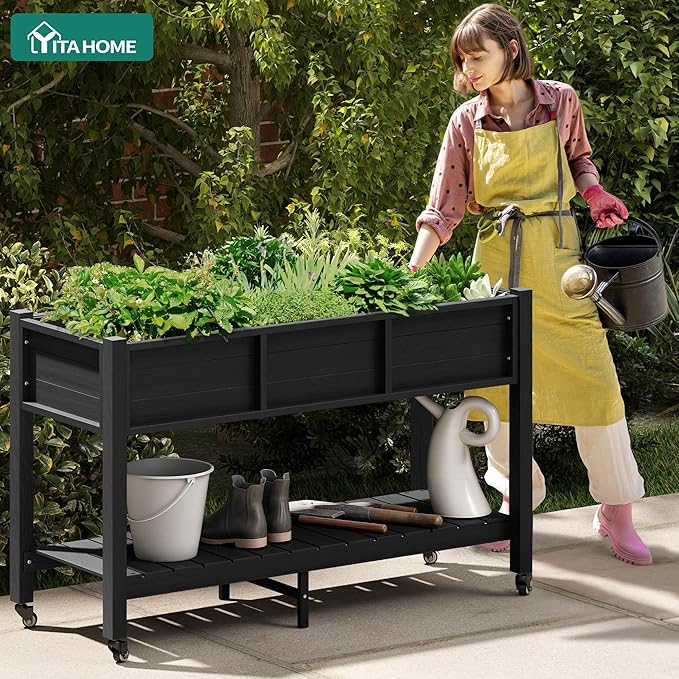 YITAHOME Raised Garden Bed HDPE, 47x18x31In Raised Flower Bed Poly-Wood Weather-Resistant Elevated Planter Box with Lockable Wheels & Storage Shelf for Vegetable Flower, Black