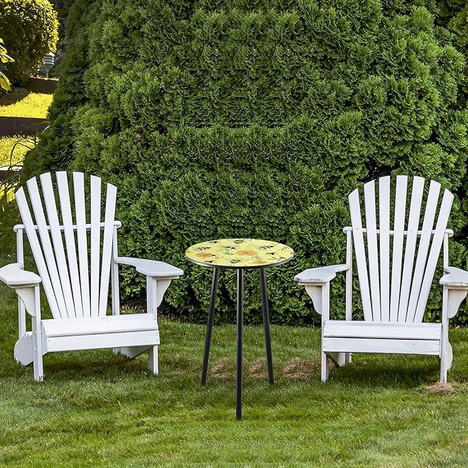 Metal Outdoor Side Tables Set of Two Small Outside Round End Table for Patio Modern Accent Garden Corner Table for Small Spaces, Balcony, Porch, Weather-Resistant Plant Stand Indoor, Yellow