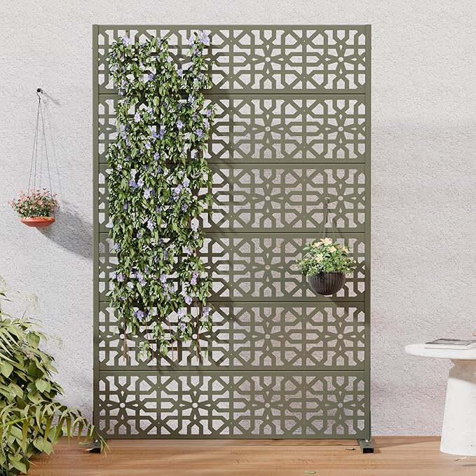 Casaphoria Metal Privacy Screen Outdoor, 72" H x 47" W Freestanding Decorative Privacy Screen for Patio Deck Balcony Garden with Stable Base, Green-Perilla