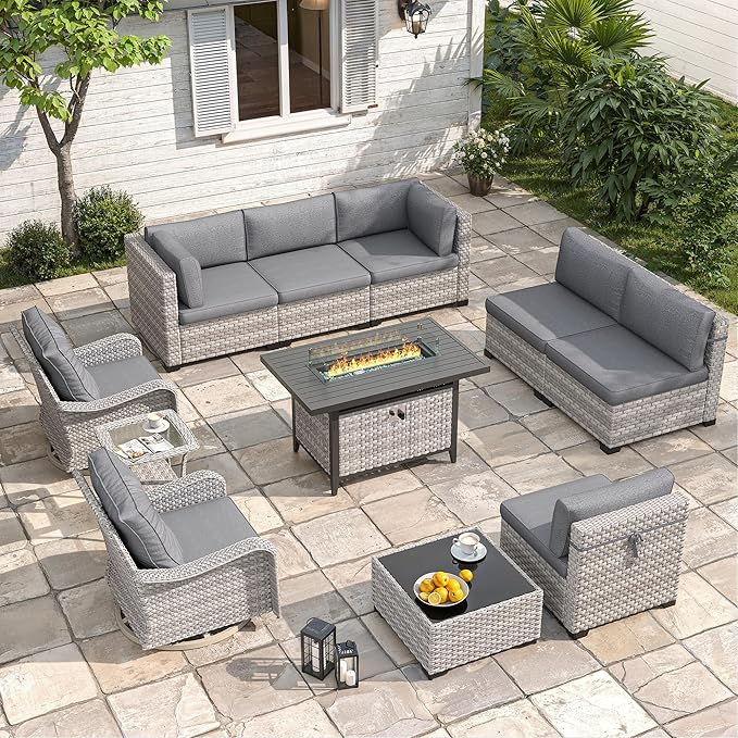 8-Seat Outdoor Wicker Patio Furniture Set with Fire Pit Table, Modular Rattan Sectional Sofa & 2 Swivel Rocking Chairs, 4" Thick Cushions, Rust-Resistant Frame,Black