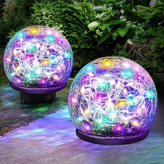Solar Garden Lights, 4 Pack 120 LED Multicolor Cracked Glass Solar Outdoor Lights Decorative, Upgraded Waterproof Ball Lights for Yard Pathway Patio Lawn Christmas Outside Decor, 3.94
