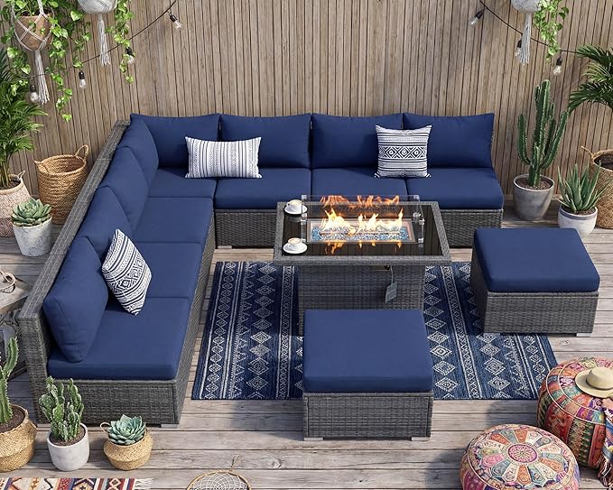 NICESOUL 10 Piece L-Shaped Outdoor Furniture Conversation with Fireplace Natural Gas/Propane, 29.3'' High Back Oversized Rattan Sofa Couch, Wide Deep Seated Patio Sectional, 2 Color Cushion Navy&Grey