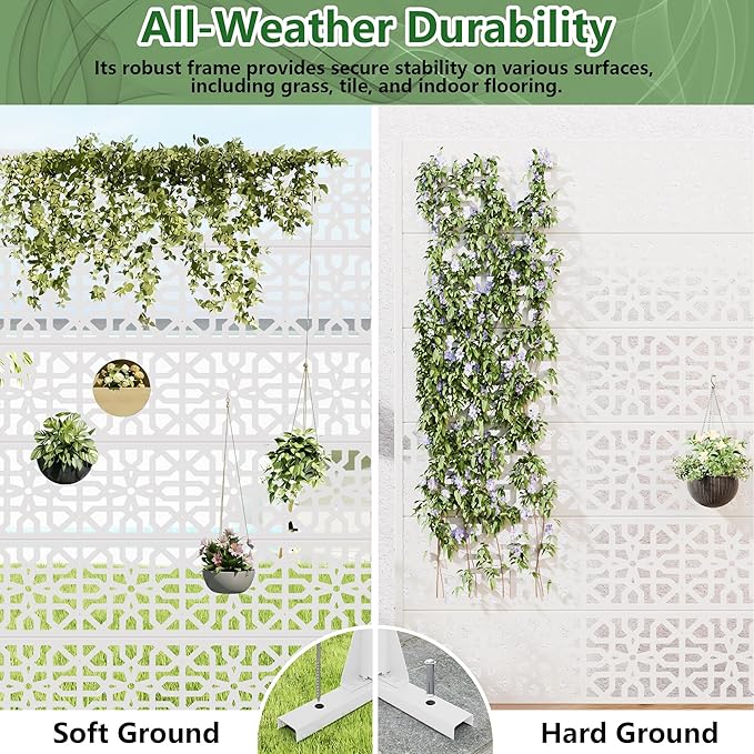 Casaphoria Metal Privacy Screen Outdoor, 72" H x 47" W Freestanding Decorative Privacy Screen for Patio Deck Balcony Garden with Stable Base, White-Perilla