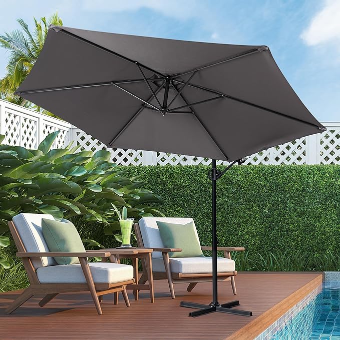 Shintenchi Patio Offset Umbrella with Easy Tilt Adjustment,Crank and Cross Base, Outdoor Cantilever Hanging Umbrella, Sunshade Free Standing Canopy, Dark Gray