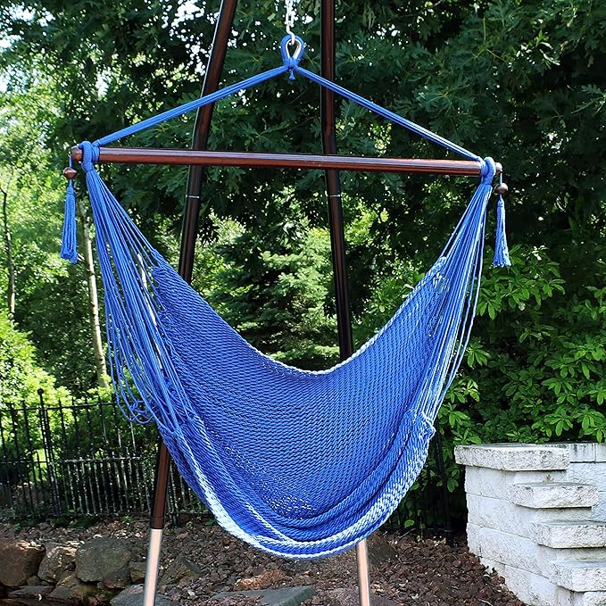 Sunnydaze Outdoor Hammock Chair Swing - Hanging Hammock Swing - Hanging Reading Chair - Soft-Spun Polyester Rope - Caribbean XL - Blue