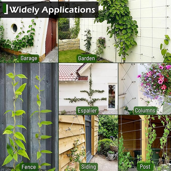 Wire Trellis for Climbing Plants Outdoor, 20-Set Wall Wire Trellis Kit with 1/8in x 98ft Stainless Steel Cable, T316 Espalier System for Fence and Garden DIY Projects