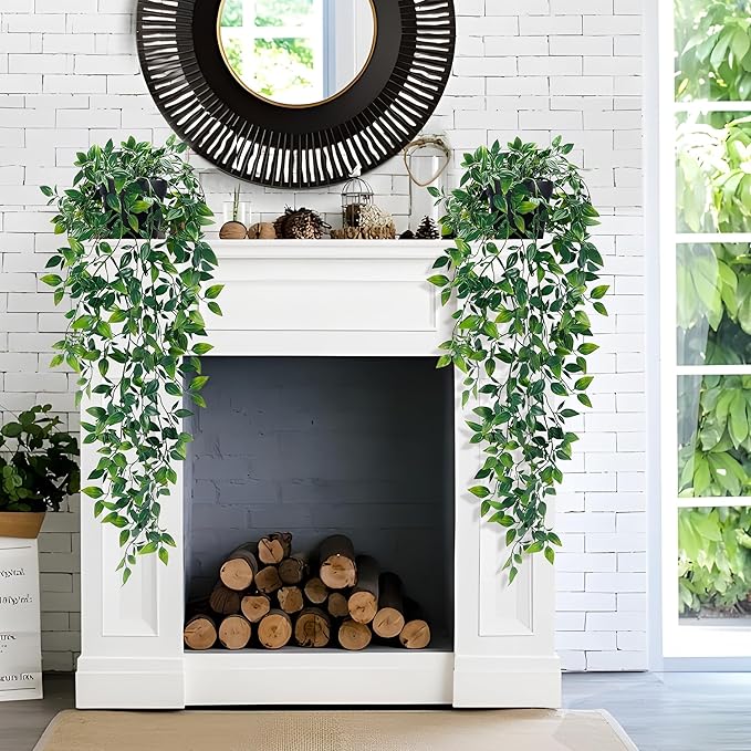 Waipfaru 2Pcs Fake Hanging Plants with Pot Deep Green Eucalyptus Leaves UV Resistant Fake Vines Ivy Artificial Plants Outdoor Faux Plants Indoor Bedroom Living Room Boho Wall Porch Shelf Decor