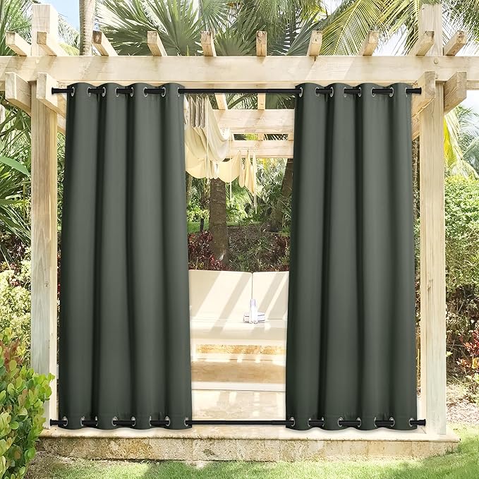 NICETOWN 2 Panels Long Outdoor Curtains Waterproof 108 inch Length for Patio, Windproof Thermal Insulated Rustproof Top and Bottom Grommet Blackout Outdoor Drapes for Porch, W52 x L108
