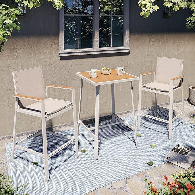 LAUSAINT HOME 3-Piece Patio Bar Set, All Weather Textilene Bar Height Table and Chairs Set with Wood Like-Top Table, Metal Counter Height Bar Stools and Table Set for Garden, Deck, Balcony
