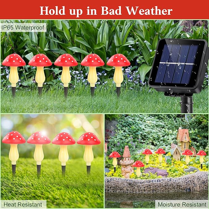 Mushroom Solar Lights Outdoor Waterproof, Whimsical and Cute Solar Mushrooms Stake Lights for Outside with 8 Lights and 8 Modes for Fariy Garden Yard Lawn Path Planter Flower Bed Decor (Red)