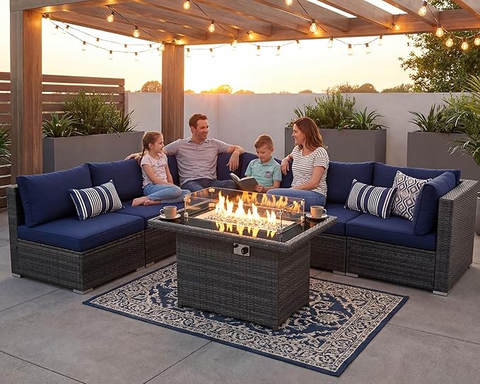 NICESOUL 29.3'' High-Back Outdoor Patio Conversation Set with Fire Pit Table Gas Propane Dual-Fuel, 7 Pcs Oversized Deep & Wide Seated Wicker Sectional Sofa Furniture Set with Firepit, Navy Blue
