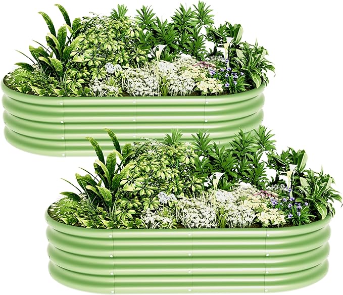4x2x1ft-2pcs-Oval Raised Garden Bed Kit, Galvanized Planter Garden Boxes Outdoor, Metal Raised Garden Beds for Vegetables,Fruits, Flower,Green