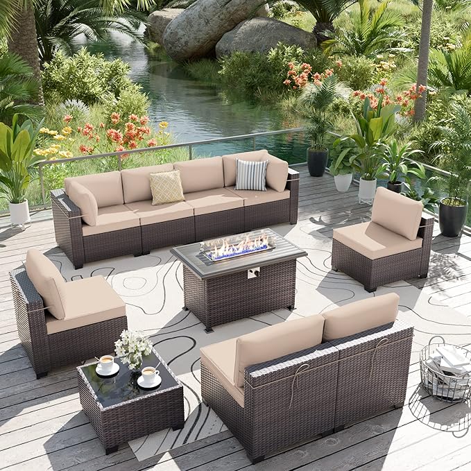 ALAULM 10 Pieces Patio Furniture Set with Propane Fire Pit Table Outdoor Sectional Sofas Patio Conversation Sets 43" Gas Fire Pit Brown PE Rattan Wicker w/8 Seat Cushions-Sand