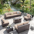 ALAULM 10 Pieces Patio Furniture Set with Propane Fire Pit Table Outdoor Sectional Sofas Patio Conversation Sets 43" Gas Fire Pit Brown PE Rattan Wicker w/8 Seat Cushions-Sand