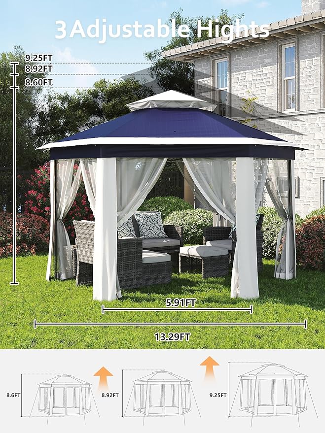 Garvee Pop Up Gazebo Screen Tent,Hexagonal Instant Gazebo Tent with Mosquito Netting Outdoor Canopy,6 Sided Sun Shelter 13x13ft with Mesh Netting,Pavilion Tents for Patio,Blue+Beige