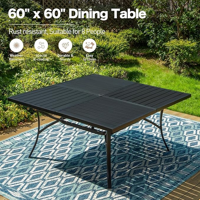 9 Pieces Patio Dining Set, 8 x Woven Rattan Chairs with Waterproof Cushion, 60" Square Metal Dining Table with Umbrella Hole, Outdoor Table and Chairs Set for Backyard Lawn and Deck, Beige