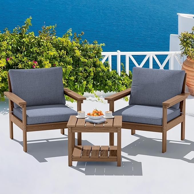 SERWALL HDPE Patio Sofa Set, 3-piece Sectional Outdoor Furniture Set, All Weather Outdoor Couch Set Patio Furniture Set for Deck, Lawn, Brown Frame with Grey Cushion