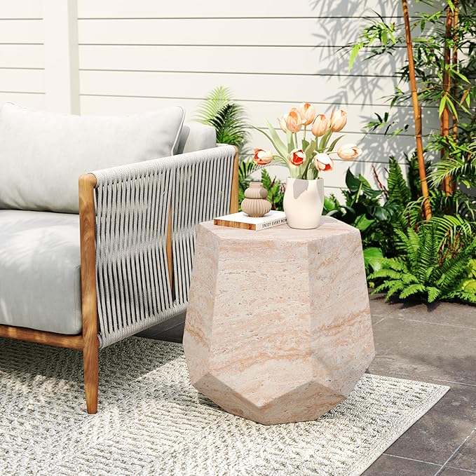 Christopher Knight Home Jayme 18.75" Indoor Outdoor Hexagonal Accent Side Table, Patio Decorative End Table, Lightweight Concrete Garden Stool for Patio Living Room Balcony & Garden Decor, Travertine
