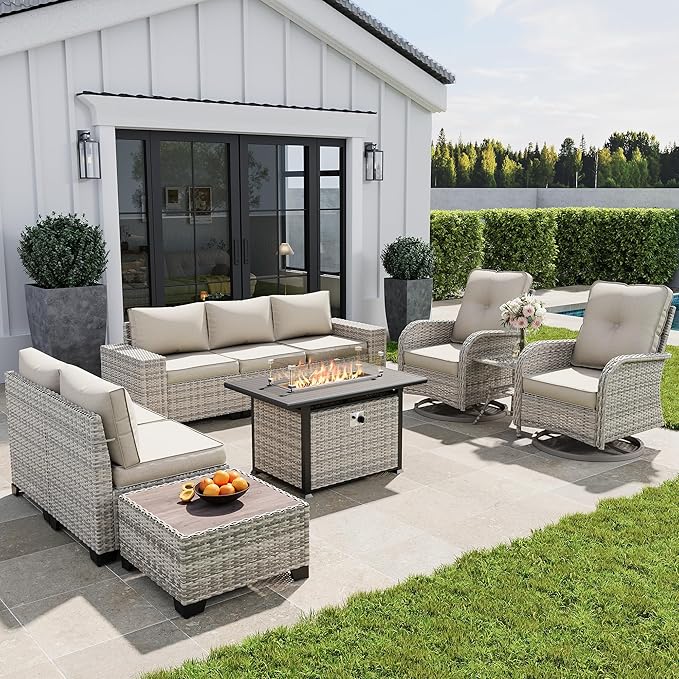 10-Piece Outdoor Patio Furniture Set with Rocking Swivel Chair, PE Wicker Rattan Sectional Sofa Patio Conversation Set with 55,000 BTU Fire Pit Table & Coffee Table, White