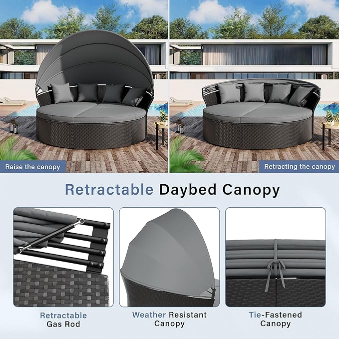 Crownland Outdoor Round Daybed with Retractable Canopy, Patio Daybed with Washable Cushions, Clamshell Sectional Seating, Black Wicker Furniture for Garden, Patio, Pool (Grey,Gray)
