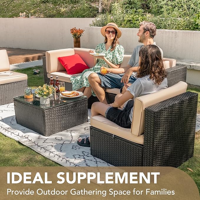 Devoko Patio Furniture Sets 6 Pieces Outdoor Sectional Rattan Sofa Manual Weaving Wicker Patio Conversation Set with Glass Table and Cushion (Beige)