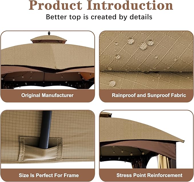 SCOCANOPY Khaki Ripstop Replacement Top for Lowe's Allen Roth 10X12 Gazebo Model #GF-12S004B-1/ GF-12S004BTO