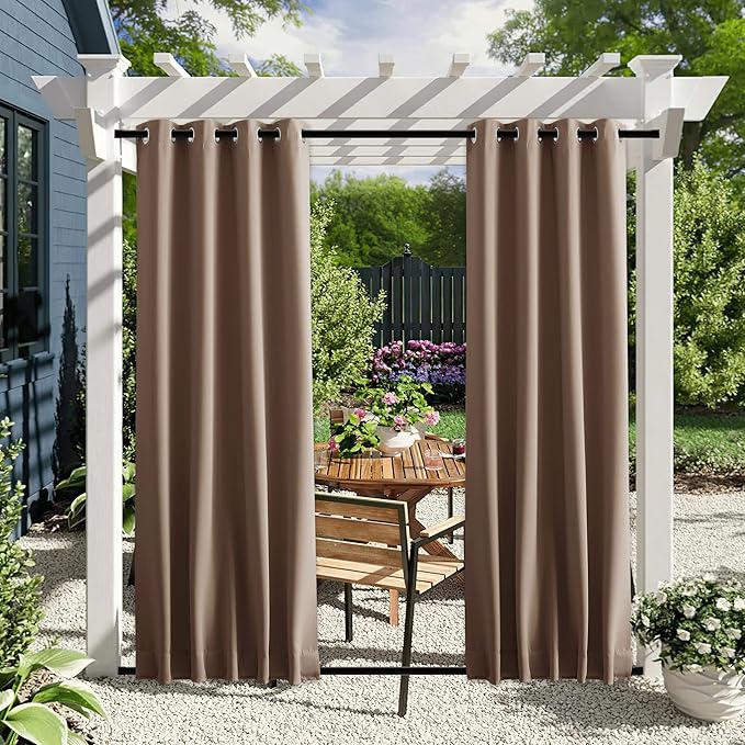 NICETOWN 2 Panels Blackout Patio Waterproof Outdoor Curtains, Thermal Insulated Top & Bottom Grommet & Back Tab Windproof Light Block Drapes Privacy for Pergola with Fixed Ropes, W46 x L80, Tan-Khaki