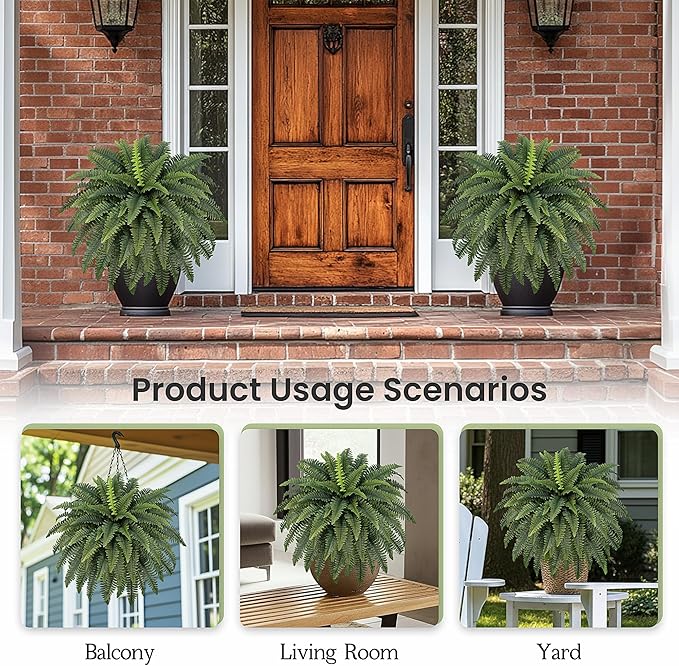 42" Artificial Boston Fern Large Bush Plants, 2 Bundles of Fake Ferns with 65 Fronds for Outdoors Home Decor