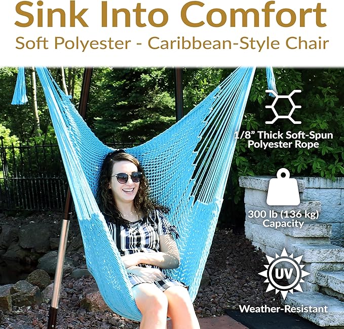 Sunnydaze Outdoor Hammock Chair Swing - Hanging Hammock Swing - Hanging Reading Chair - Soft-Spun Polyester Rope - Caribbean XL - Sky Blue
