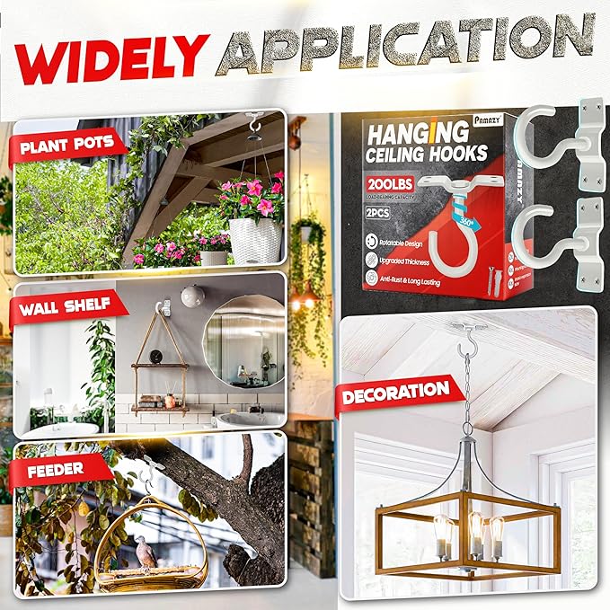 [UPGRADED] 2Pcs 200LBS Rotatable Ceiling Hooks with 4 Screw Points Base, Wall Mount Metal Hanger White Ceiling Hook for Hanging Plant, Bird Feeder, Lights, Bed Canopy, Wind Chime, Indoor Outdoor Decor